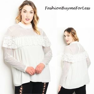PLUS Ivory Victorian Gothic Lace Trim Chiffon Top